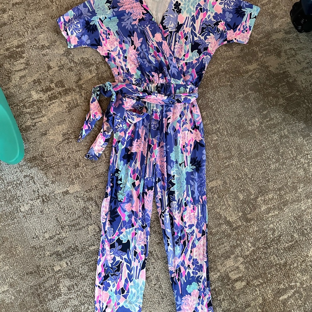 Floral Wrap Jumpsuit in Navy, Pink & Teal